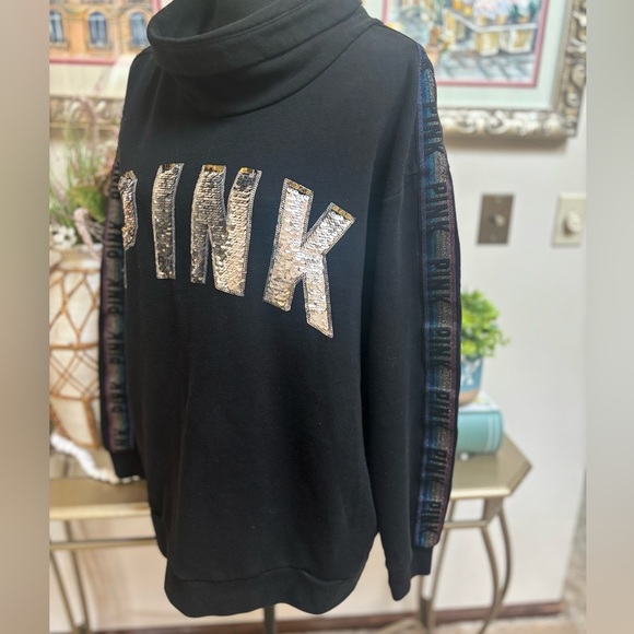 VICTORIAS SECRET PINK SEQUIN BLING CAMPUS BLACK COWL NECK SWEATSHIRT SIZE L - Picture 5 of 9